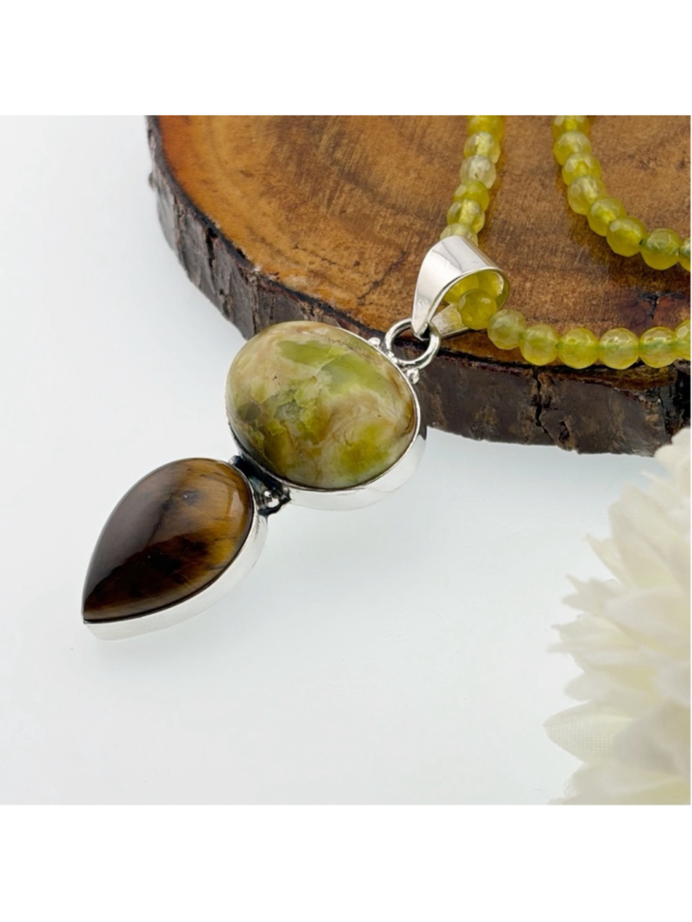 Green Opal & Tiger's Eye Pendant Necklace Southwest Boho 925 Sterling Silver New - Picture 5 of 8
